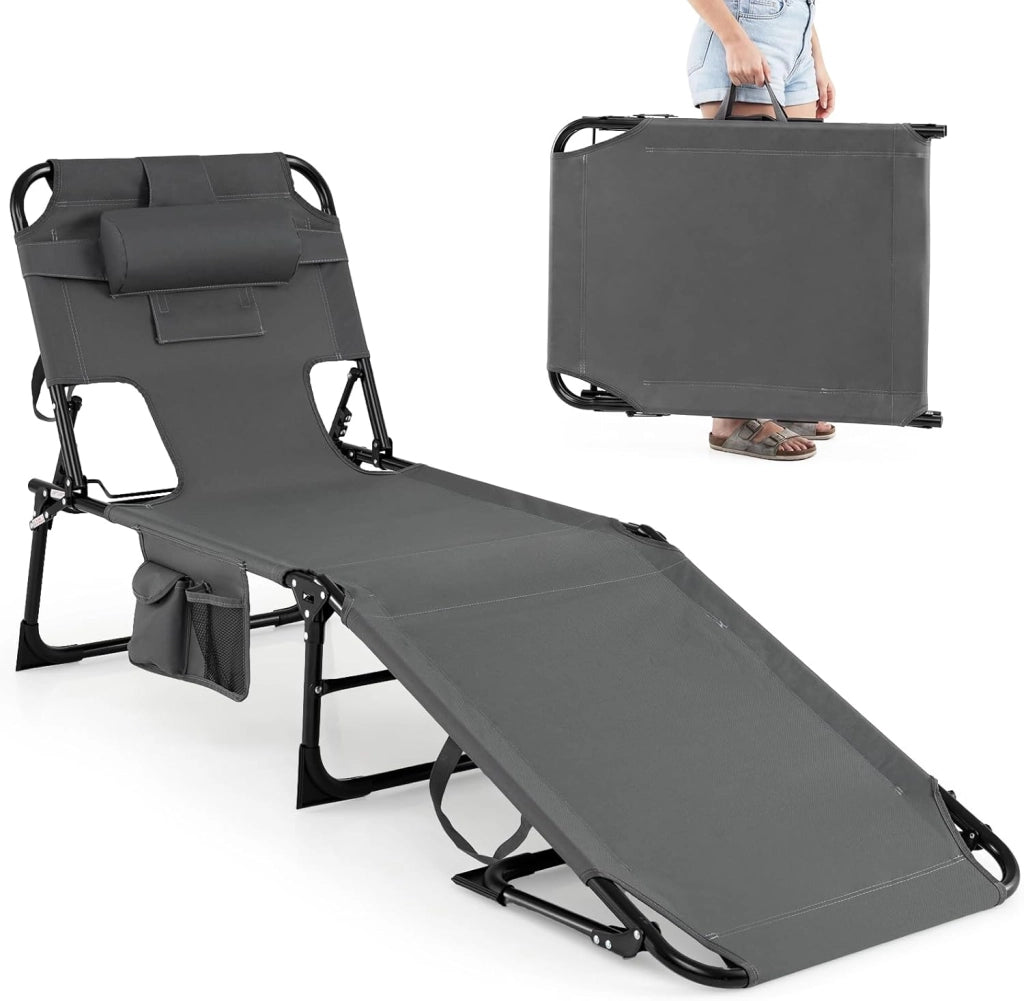 Sole pieghevole, schienale regolabile in 4 posizioni, sedia reclinabile da spiaggia, poggiatesta rimovibile e fori per il viso e il braccio, lettino per piscina, 169-193 x 60 x 35-80 cm