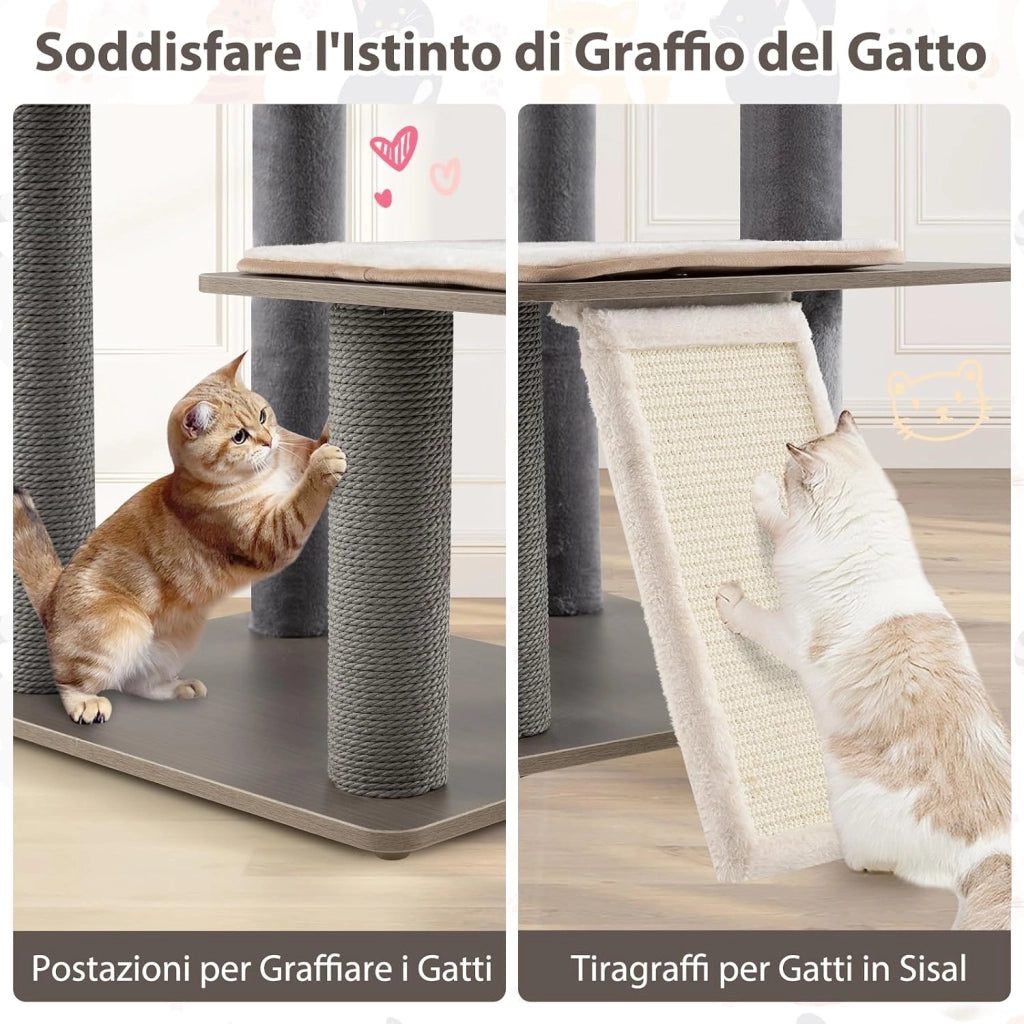 Albero per Gatti a 6 Livelli, Torre per Gatti Alta 171 cm con Cuscino, Condominio, Tappetini Staccabili e Pannello in Sisal, Albero Tiragraffi in Legno con Palla Pompom Appesa