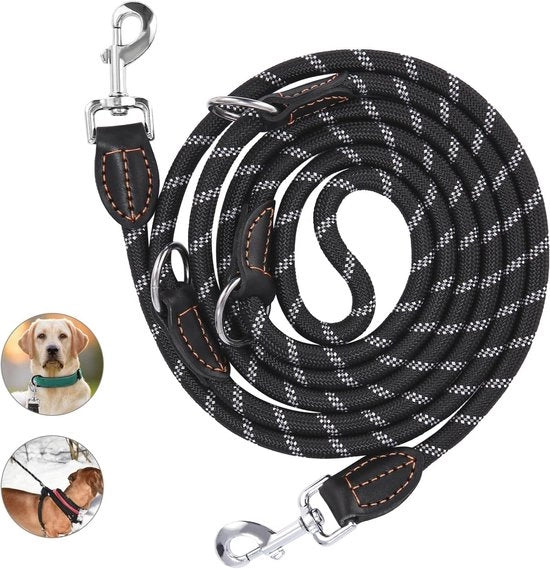 Corda per Cane Adattabile per Cani Grande e Medio - Corda in Nylon Doppia con 2 Karabiner e 3 Anelli - Corda Multifunzionale da 3m