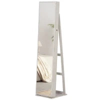 Specchio Portagioie a LED con 4 Scaffali e Spazi Portaoggetti, in Legno e Vetro, 15x15x61.75 cm, Bianco