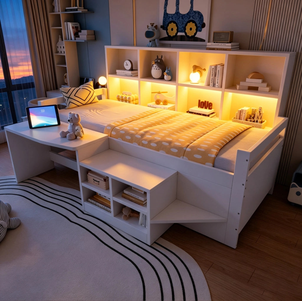Letto multifunzionale 90x200 cm con scrivania; contenitori; LED e scala; bianco