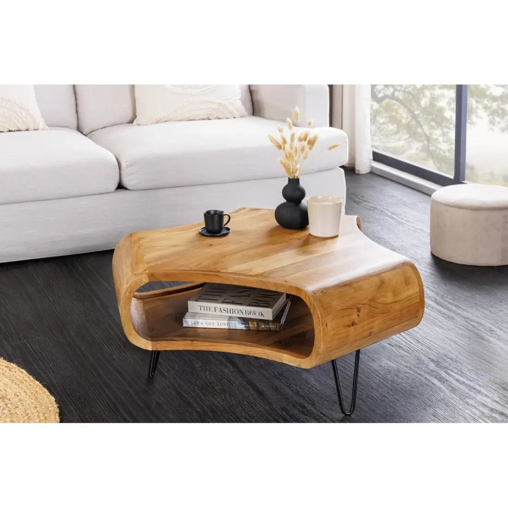 Tavolino basso NERA 90 cm in legno massiccio di acacia con nicchia e gambe in metallo nero – stile retrò industriale