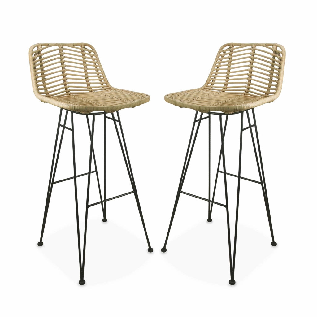 Set di 2 sgabelli da bar in metallo e rattan, beige