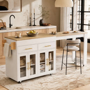 Carrello da cucina con piano estraibile, 2 cassetti, 2 ante in vetro, per cucina, in MDF bianco, 132,5-217 × 50 × 93 cm