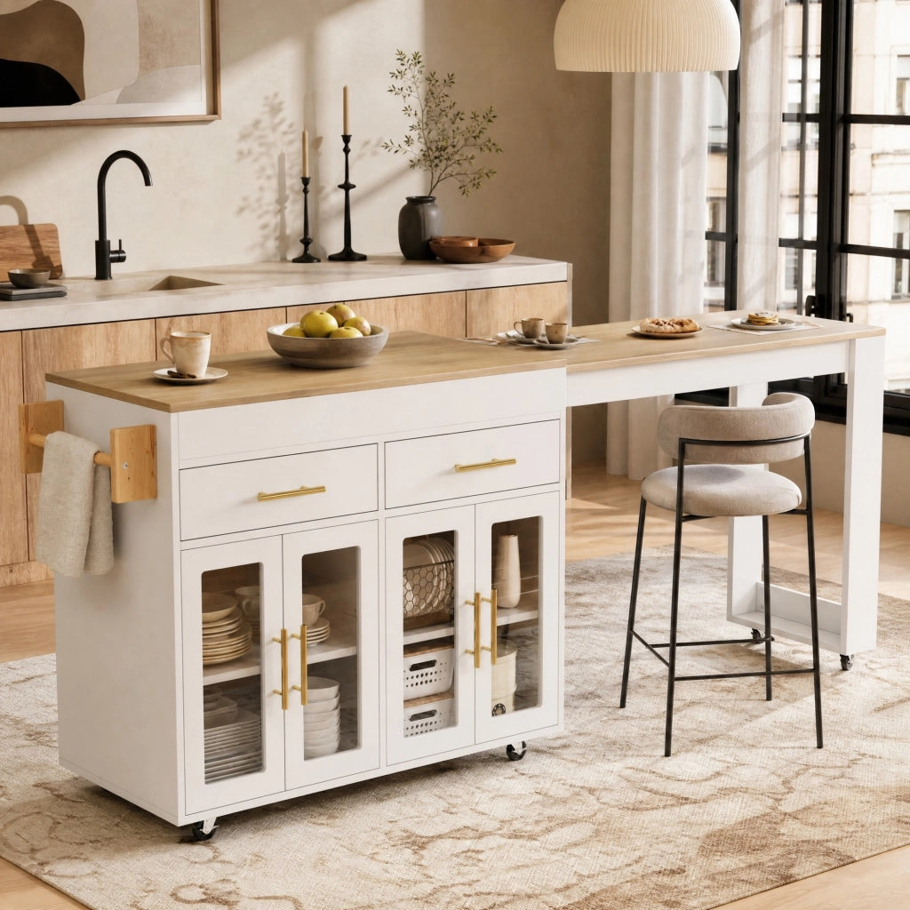 Carrello da cucina con piano estraibile, 2 cassetti, 2 ante in vetro, per cucina, in MDF bianco, 132,5-217 × 50 × 93 cm