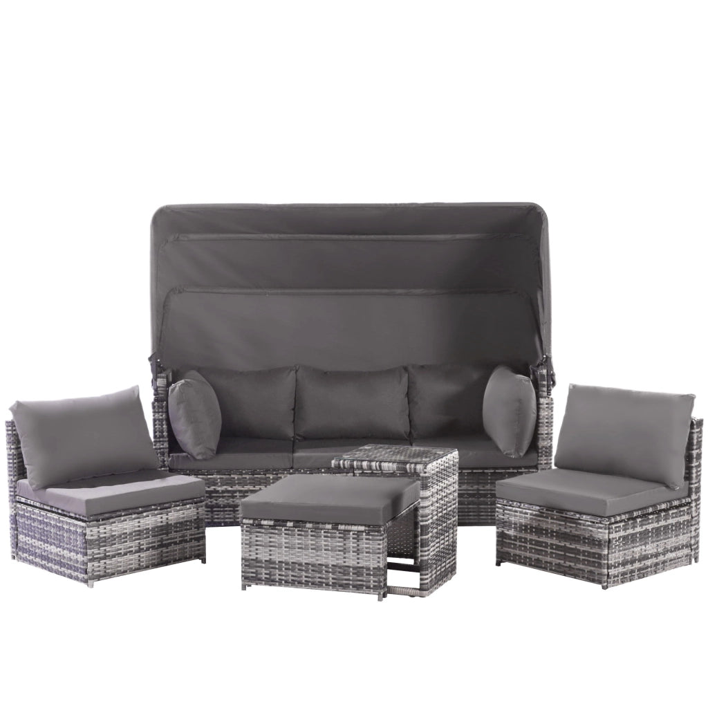 Set da giardino con area relax divano e ombrellone in rattan resistente alle intemperie per giardino e terrazzo colore grigio.