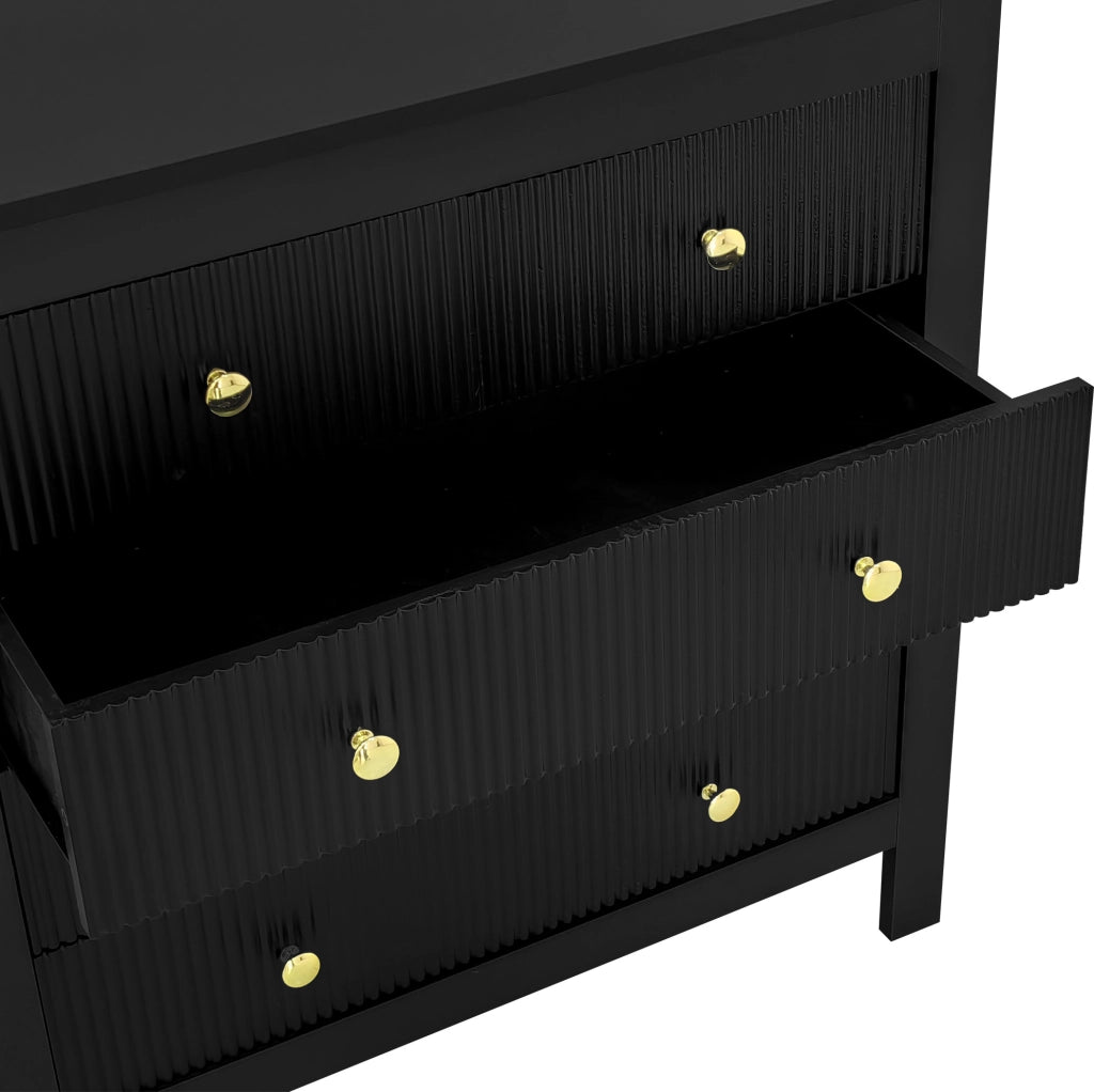 Kommode mit 5 Schubladen, schwarze Spanplatte, Goldgriffe, 79x80,5x39,5 cm