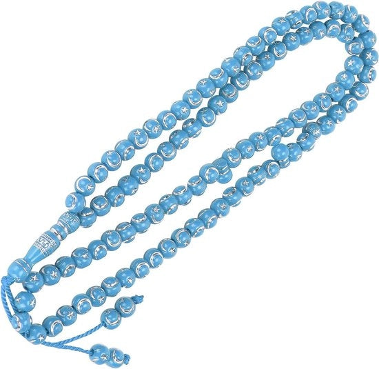 Collana di preghiera per musulmani con 99 grani in acciaio dorato, articoli religiosi per la preghiera, collana di preghiera blu.