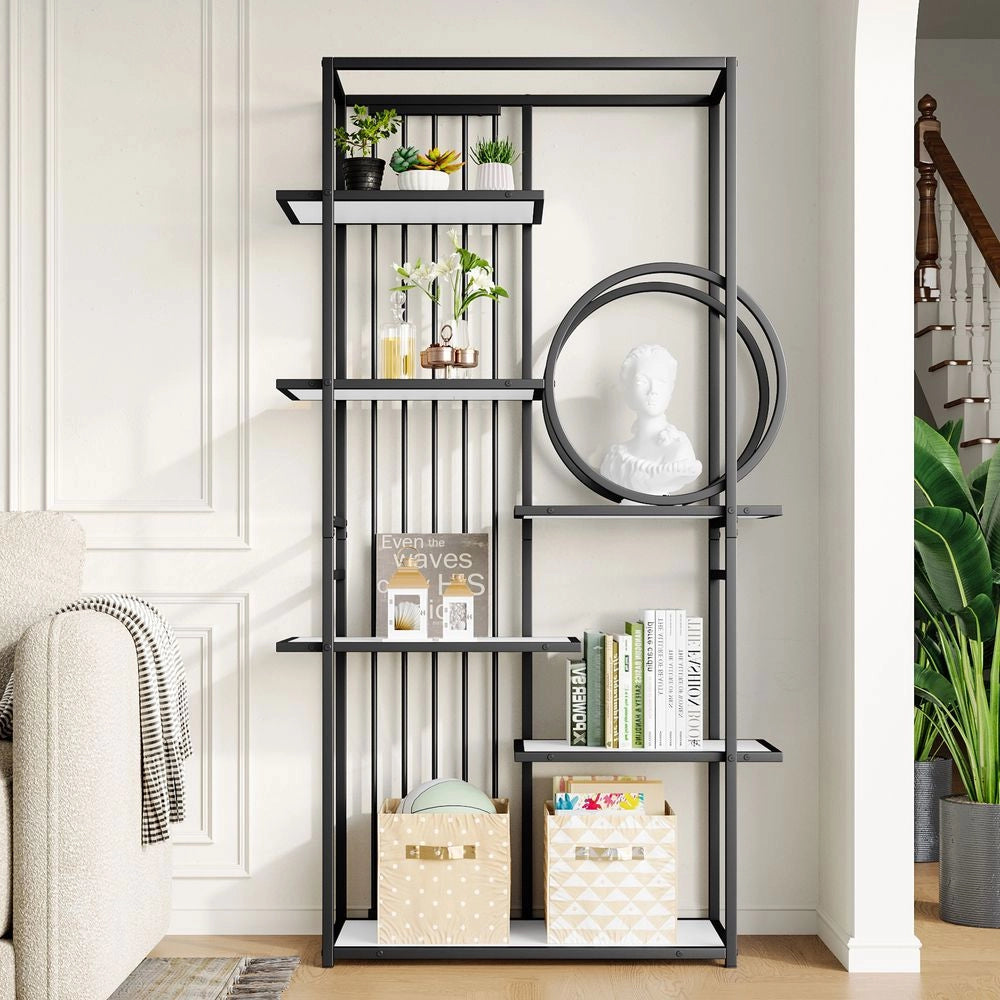Scaffale metallico moderno - Xylo - 100x30x180 cm - Bianco e nero - Struttura geometrica a pi?? livelli