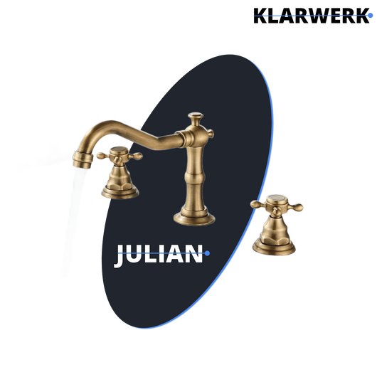 JULIAN | Rubinetto da bagno vintage a 3 fori in ottone dorato | in acciaio inossidabile retrò premium | Antico miscelatore 2 maniglie