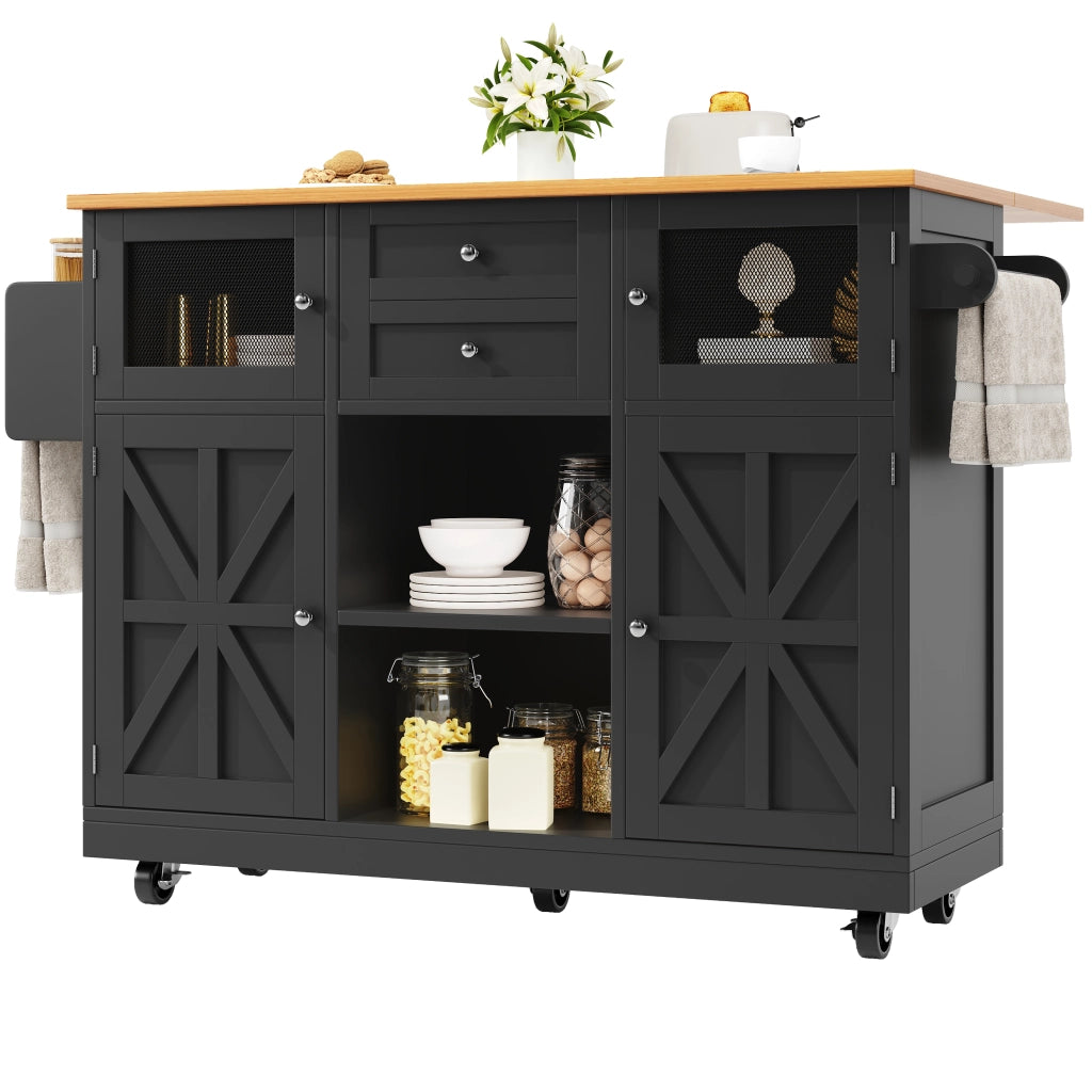 Carrello da Cucina con 2 Ante; 2 Cassetti; Portasciugamani e Ruote; in MDF; Nero; 140 x 40 x 93;5 cm