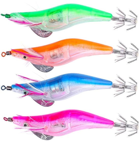Set di Jig Haken con Orecchie di Calamari Illuminato - Materiale Kunststof/Metaal - Peso Leggero/Duraturo - 4 Pezzi - Occhi Bionici - Nastro di Acciaio