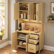 Credenza da cucina con LED multicolore; prese e USB; 3 cassetti in MDF; naturale