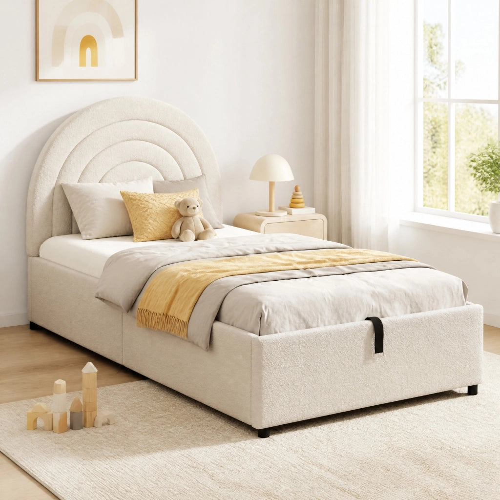 Letto imbottito 90x200 cm in bouclé beige con contenitore idraulico e testiera imbottita