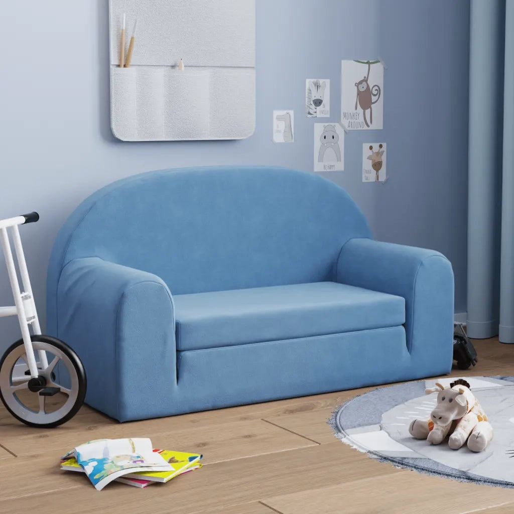 Divano Letto per Bambini a 2 Posti Blu in Morbido Peluche 357026
