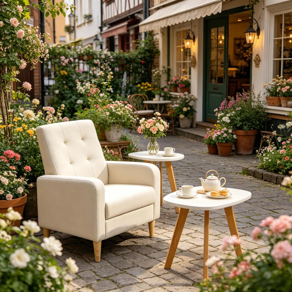 Poltrona imbottita in lino beige con schienale alto, braccioli e struttura in legno