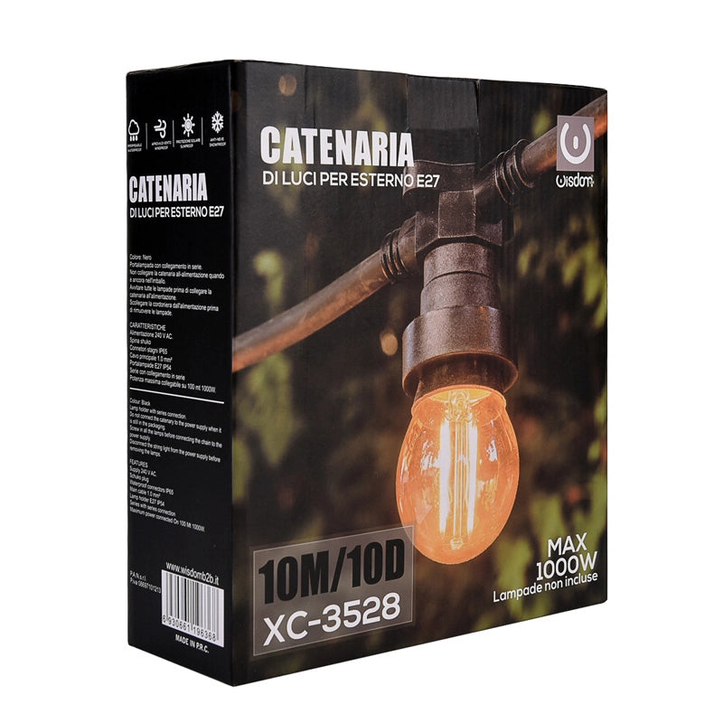 CATENA LUMINOSA LED 10M 10 PORTALAMPADA E27 PROLUNGABILE IP54 PER ESTERNI - IDEALE PER FESTE EVENTI E DECORAZIONI NATALIZIE