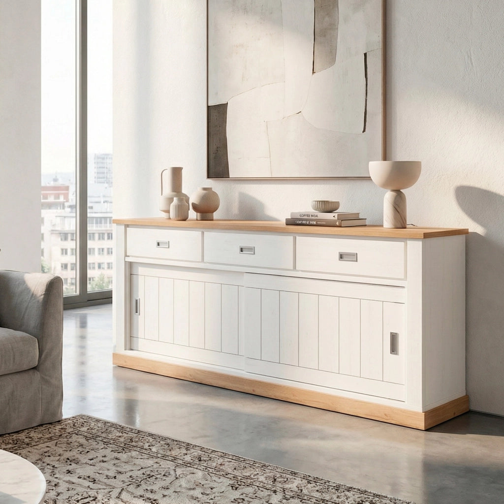 Madia Credenza Con 3 Cassetti 2 Ante Scorrevoli E 4 Ripiani Interni Mobile Dispensa Per Cucina Soggiorno Zona Living Design Classico Moderno 220 X 50 X 95 Cm Bianco E Rovere