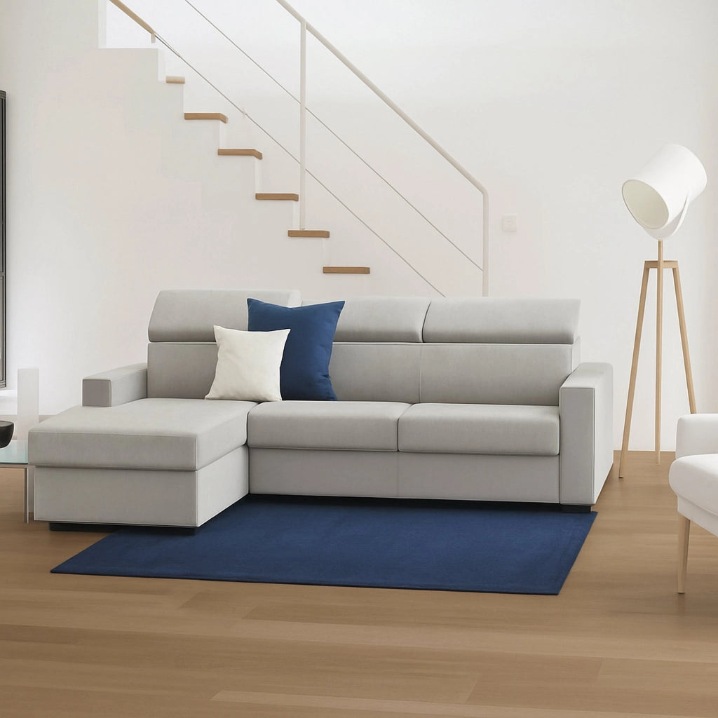 Divano fisso Aryaly, Divano ad angolo, Made in Italy, SofÒ  Soggiorno con chaise longue, in tessuto imbottito - Penisola contenitore Sinistra, con Braccioli slim, cm 280x95h85, Grigio