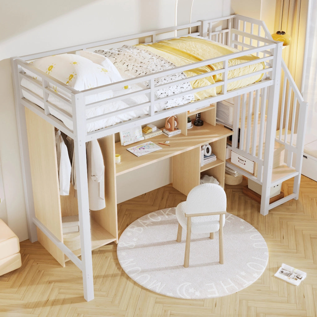 Letto a Soppalco con Scrivania, Armadio e Contenitore ¨C MINIMAL ¨C Bianco 90x200