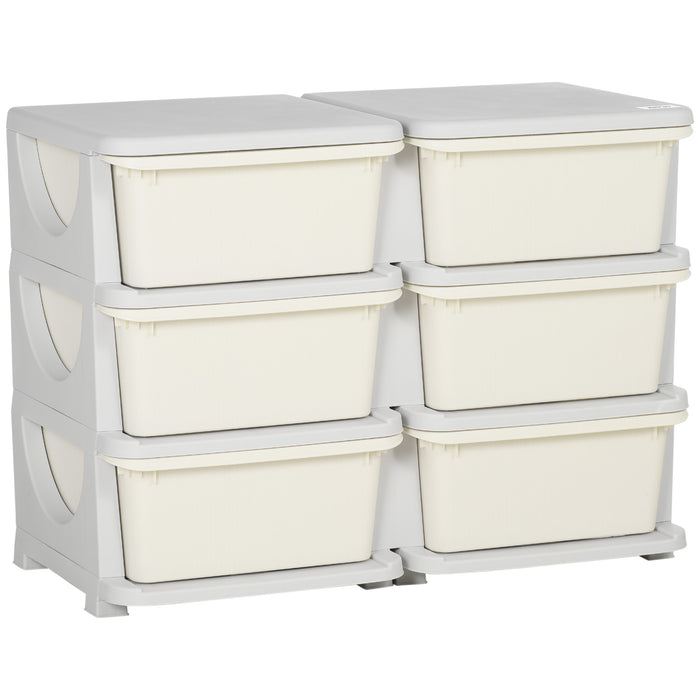 Cassettiera Portagiochi per Bambini 3-6 Anni 75x37x56.5 cm 6 Cassetti con Bordi Arrotondati in PP Bianco Crema