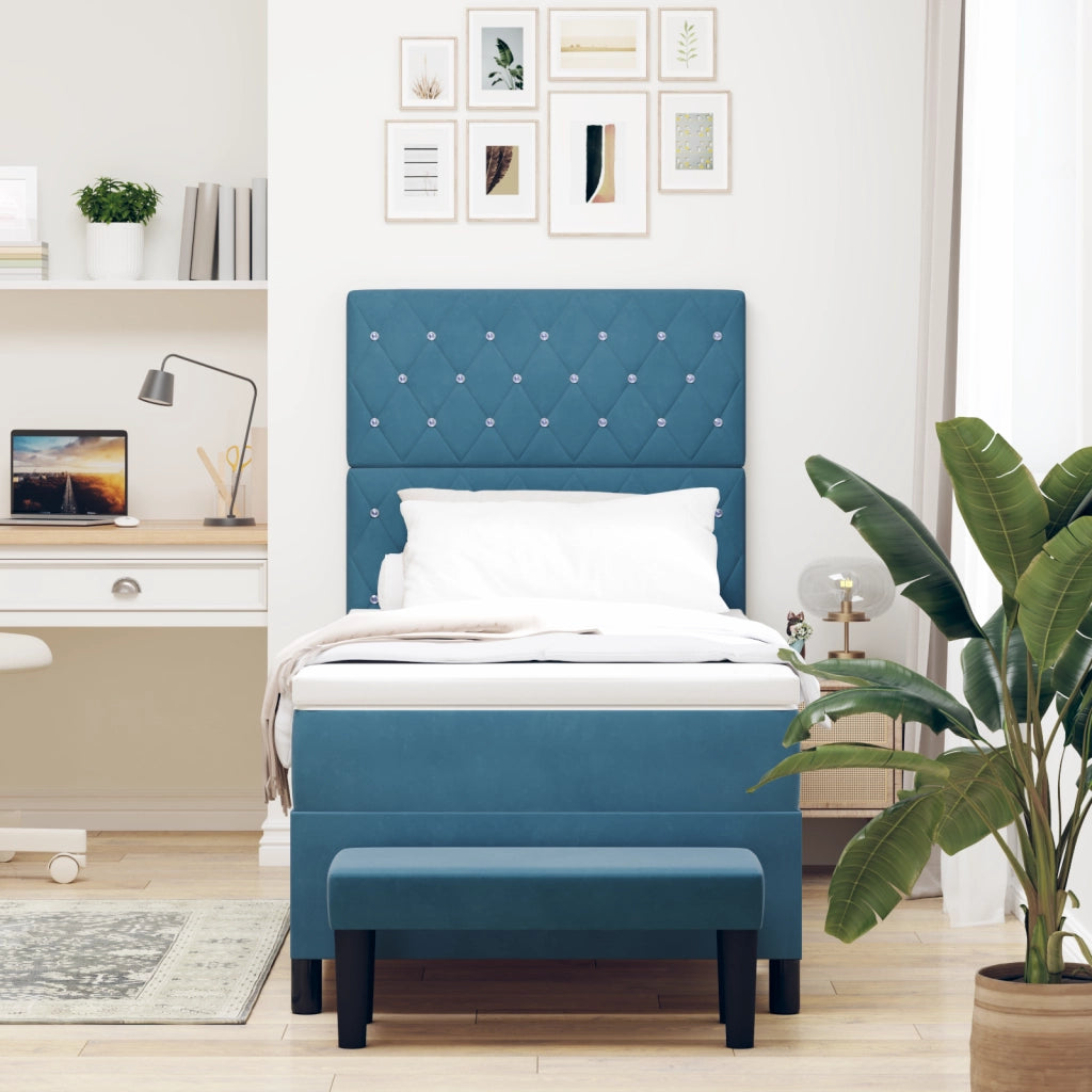 Letto con Box Spring con Materasso & Panca Blu Scuro 90x200 cm Velluto