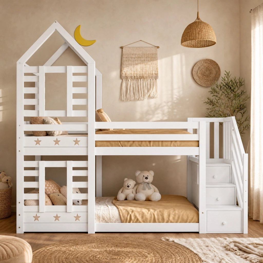 Letto a castello per bambini a casetta con cassetti 90x200 cm