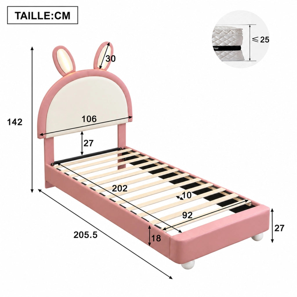 Letto per bambini 90 × 200 cm con testiera a coniglio, LED, bordo anticolpo morbido, senza materasso, rosa