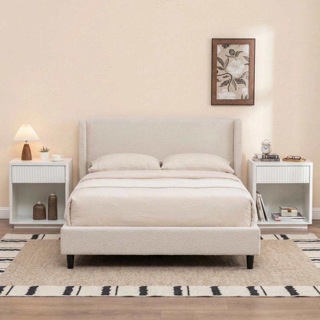 Comodino bianco in MDF con cassetto e ripiano aperto