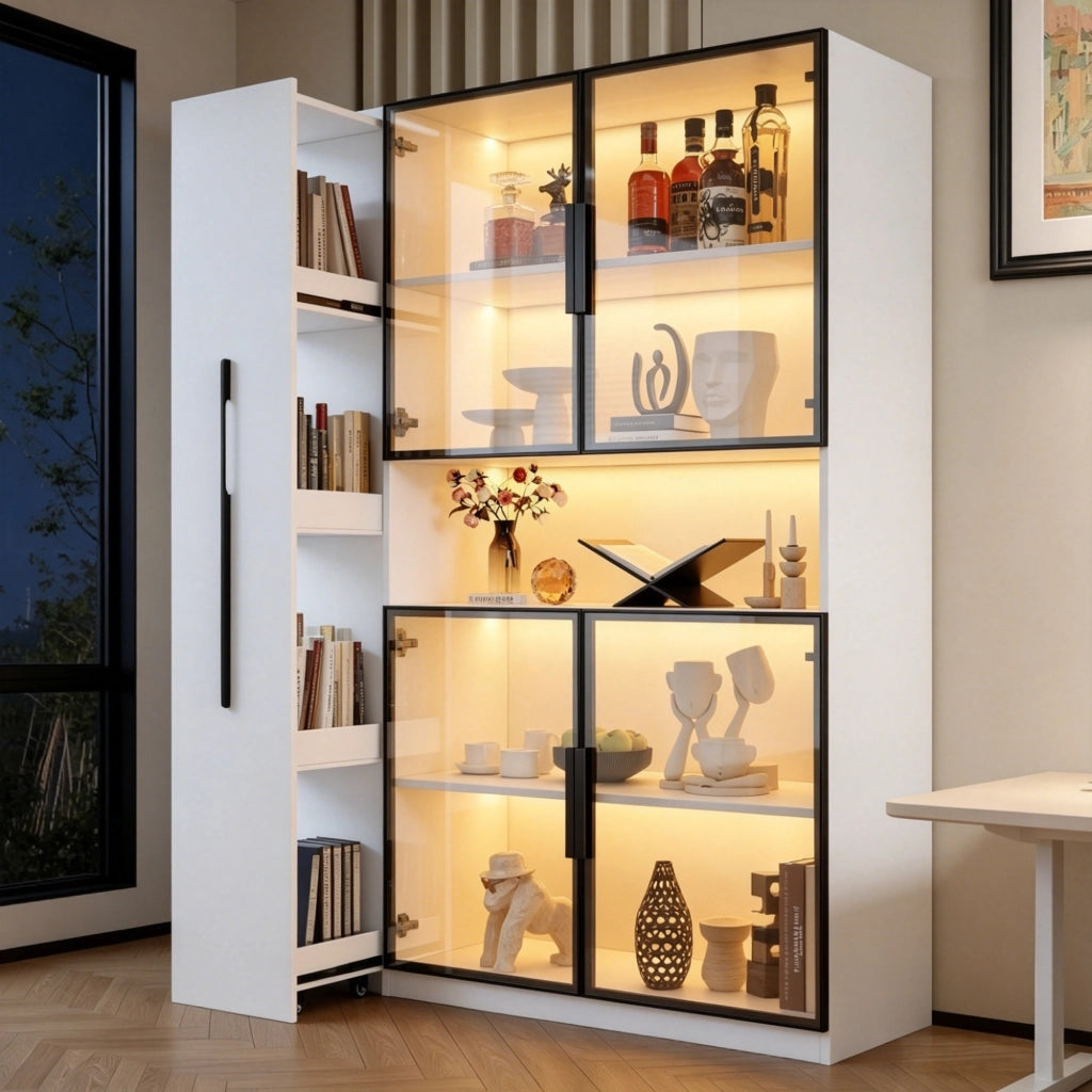 Vetrina alta in MDF bianco 110×35×160 cm con LED a colori, ripiani estraibili e sistema antiribaltamento