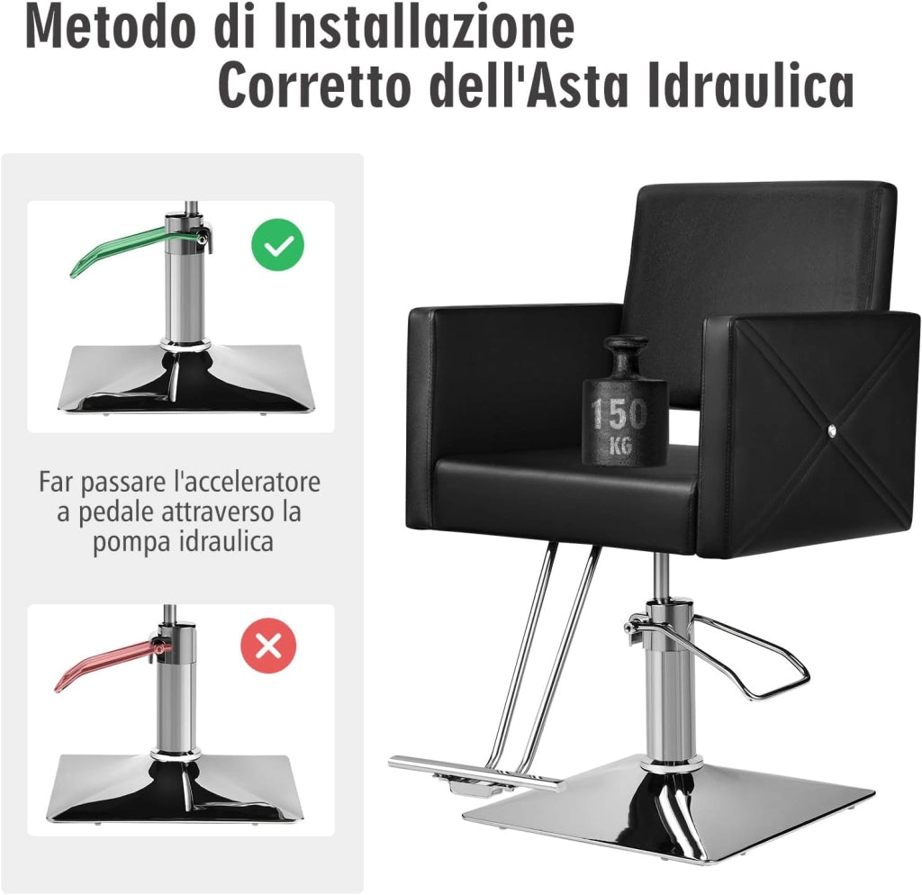 Poltrona da Parrucchiere, Poltrona da Barbiere con Altezza Regolabile, Sedia da Barbiere Girevole a 360°, con Pompa Idraulica Pesante, per Parrucchiere, Portata 150 kg (Nero)