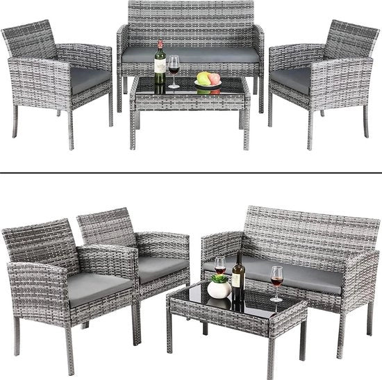 Set da Giardino - Mobili da Giardino - Giardino Esterno - 2x Sedie da Giardino + Tavolo da Salotto + Bancarella - Con Cuscino per Patio Terrazza Piscina Giardino Posteriore