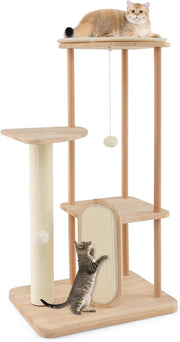 Tiragraffi per Gatti Piccola/Media, Albero per Gatti in Legno a Multilivello con Tavola e Palo Tiragraffi in Sisal, Posto Imbottito, Piattaforma e Palline