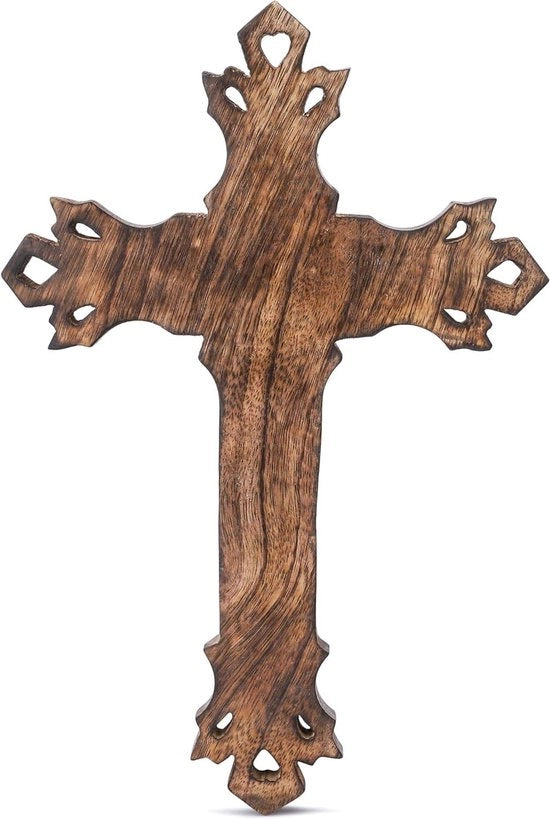 Crocifisso in legno naturale marrone artigianale per chiesa e casa - Decorazione cristiana cattolica
