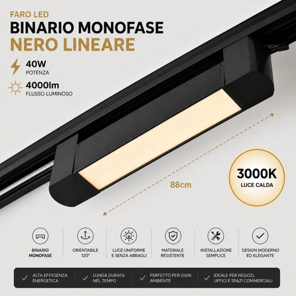 Faro Led Binario Monofase, Nero Lineare 88cm 40W 4000lm 120° Orientabile, Disponibili 3000K 4000K (Bianco Caldo 3000K)