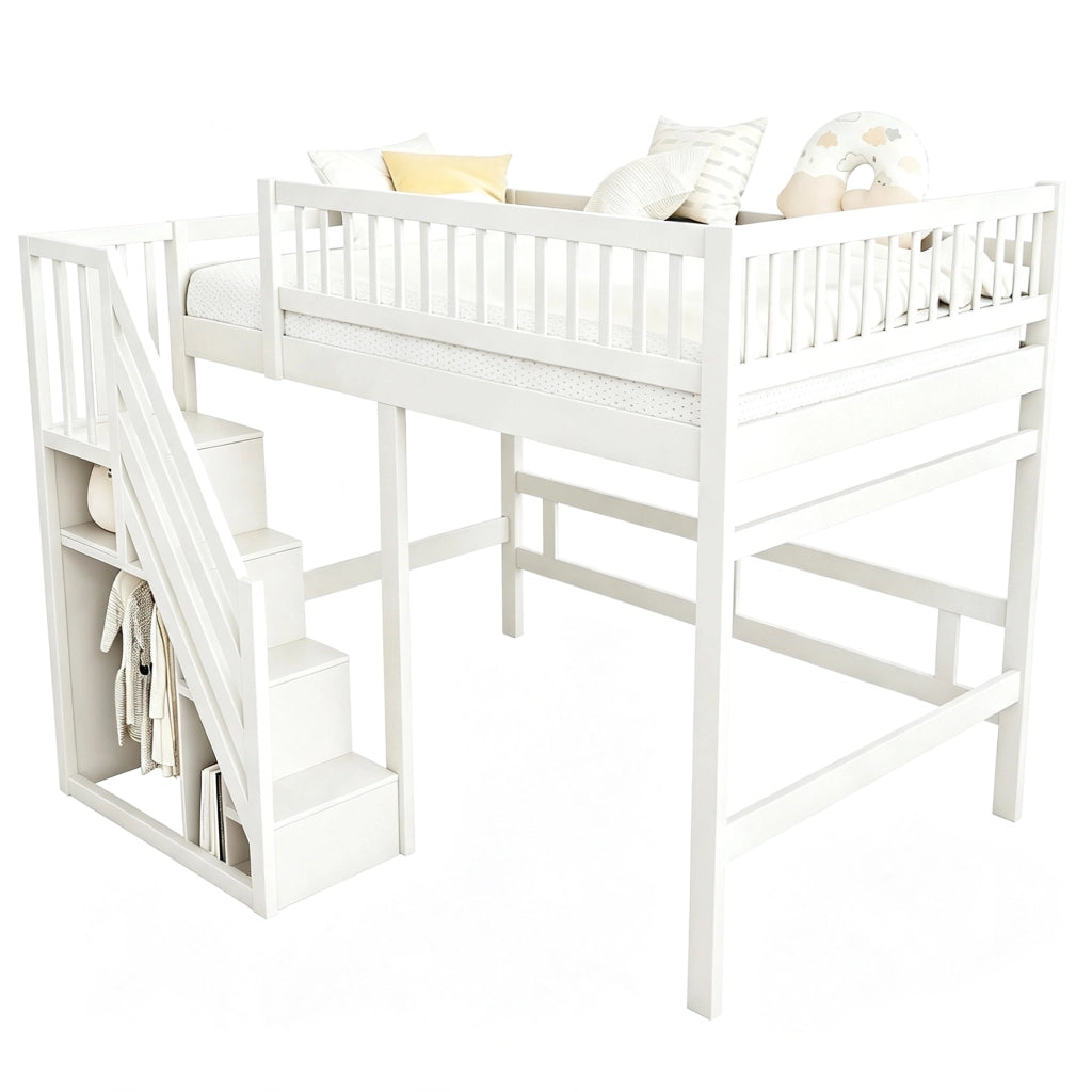Letto in legno 140x200 con scala contenitore e sponde alte