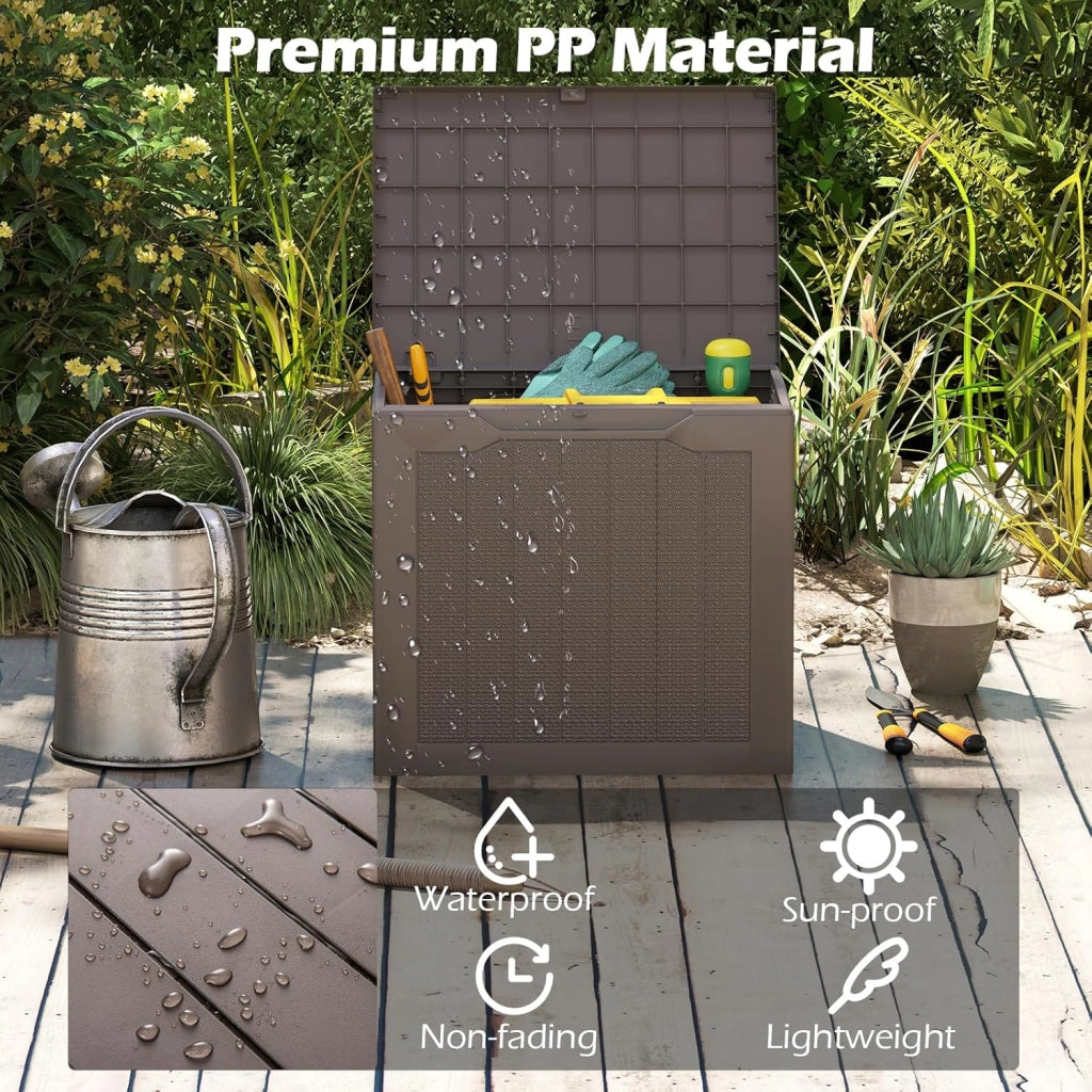 Contenitore per esterni, 96 l, grande scatola da giardino resistente alle intemperie, con coperchio bloccabile e trama intrecciata in rattan, organizer per attrezzi da piscina e giardino