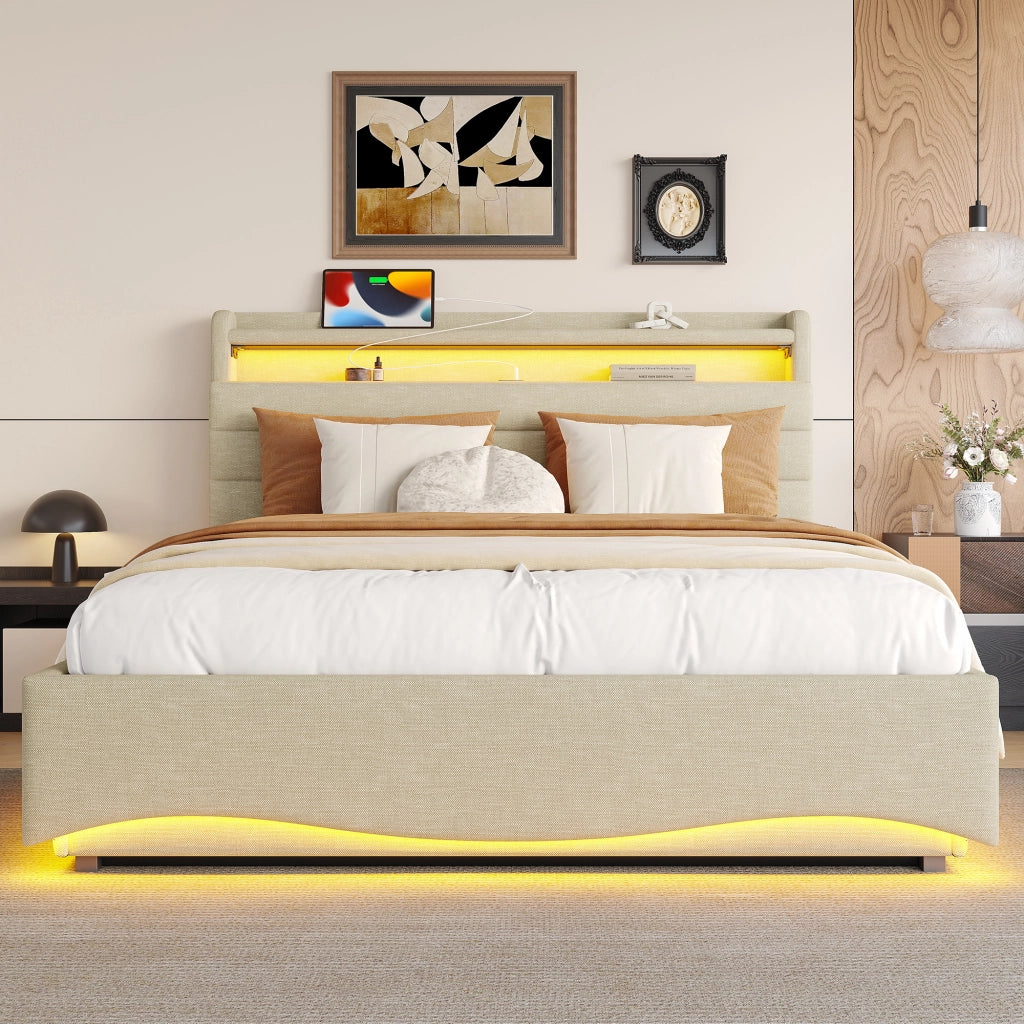 Letti contenitori 140x200 cm con LED e vano contenitore; lino beige (Senza materasso)