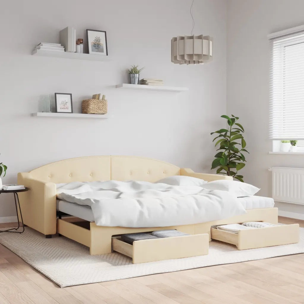 Divano Letto Estraibile con Cassetti Crema 90x200 cm in Tessuto
