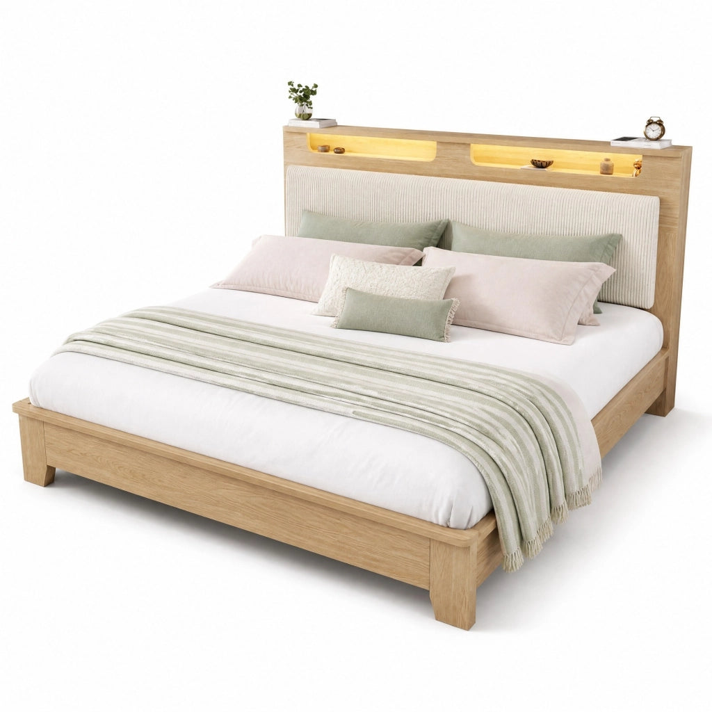 Letto matrimoniale 140x200 cm in legno color quercia chiara con LED, testiera in corduroy beige e materasso incluso