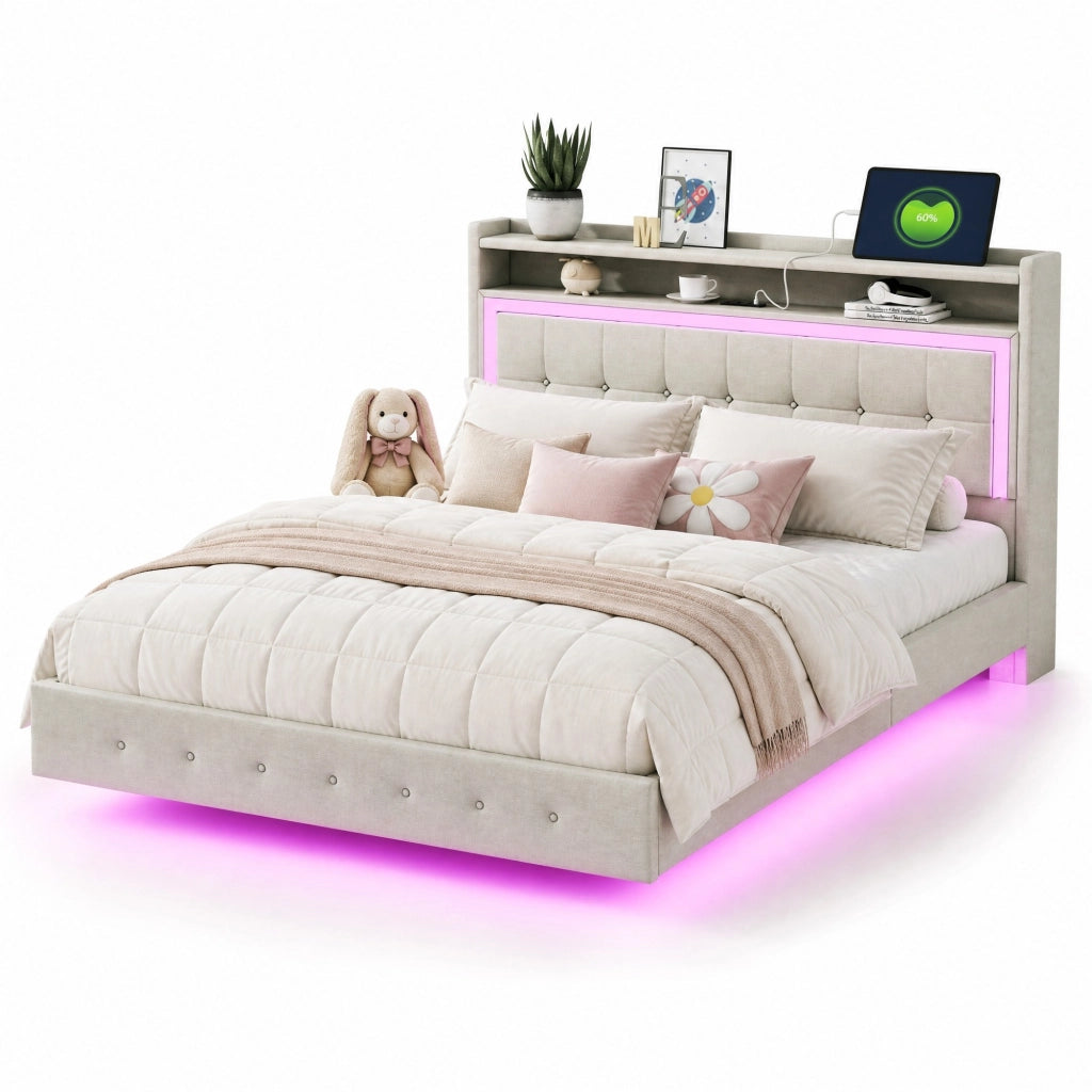 Letto imbottito 140x200 con USB e luci LED, beige