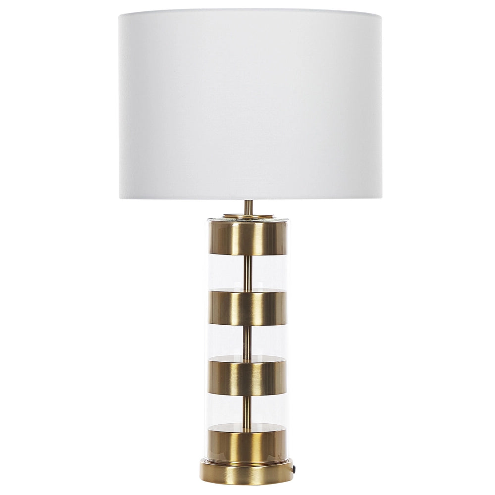 Lampada da Tavolo Base in Vetro dorato/Trasparente con Paralume in Tessuto a Forma di Tamburo Bianco