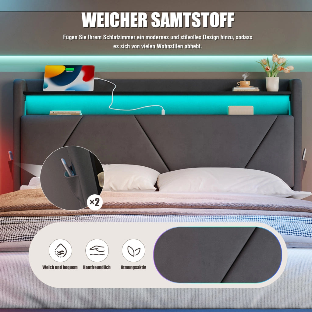 LETTO Contenitore 140x200 cm in Velluto Grigio con LED, USB e ripiano
