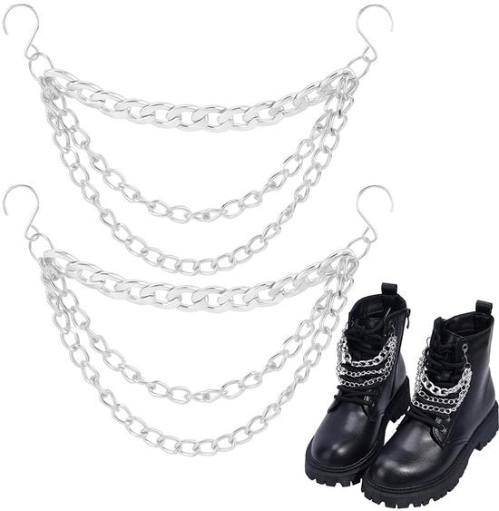 Sistema di catene per scarpe 2 pezzi a strati - Catene argentate - Attacco in acciaio inossidabile - Stile western voluminoso - Appoggio per cinturino di scarpa - Decorazione trendy - Accessori per scarpe