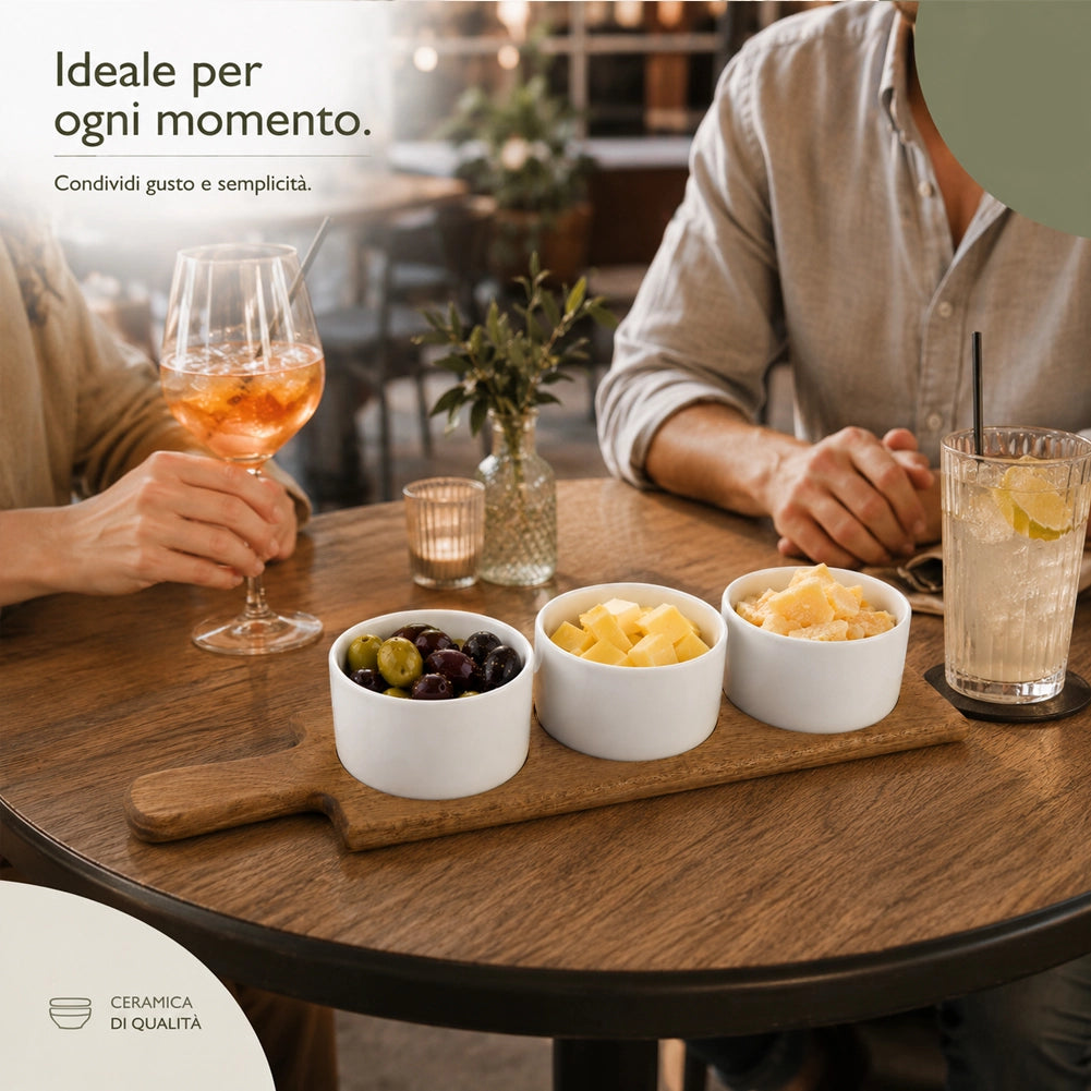 Vassoio Aperitivo da Portataa 36,5x10 cm in Legno Ciotole Ciotoline in Ceramica Bianco