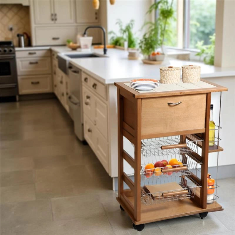 CARRELLO VESUVIO PORTAPANE+PORTABOTTIGLIE ROVERE IN FAGGIO BASE INFERIORE MULTISTRATO DI BETULLA 1 CASSETTO 3 CESTELLI PIANO MATTONELLE IN CERAMICA