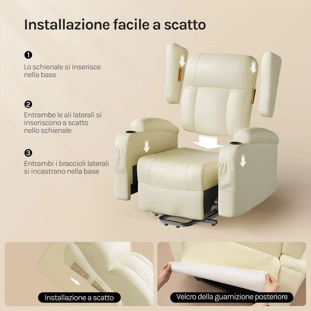 Poltrona Elettrica Reclinabile, Sedia Massaggiante con Alzapersone, Riscaldamento, Poggiapiedi, Tasche Laterali, Porta USB, Portabicchieri, per Soggiorno, PU, Beige, SKS62be