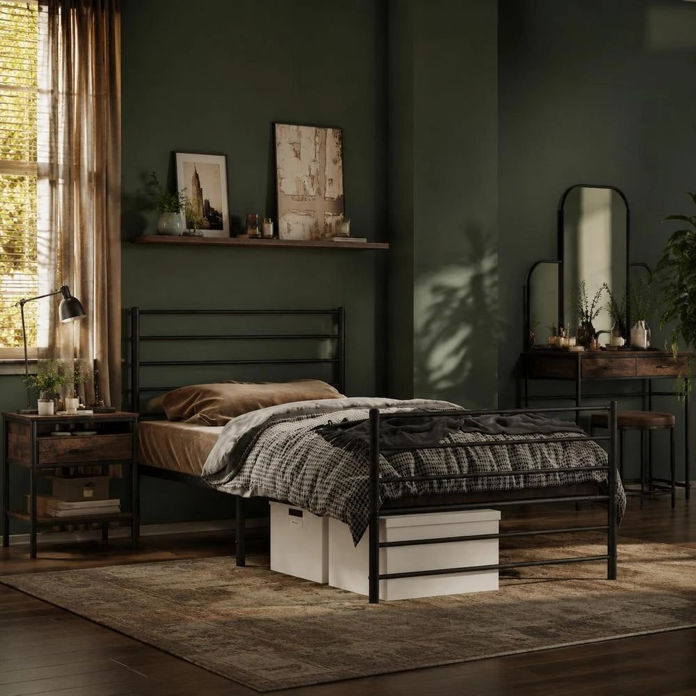 Bed Frame With Headboard And Footboard, Metal, Black, 90x200 Cm