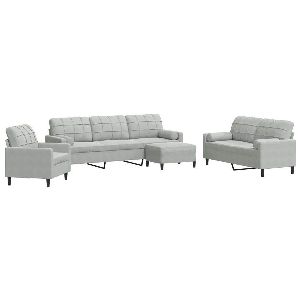 Set di Divani 4 pz con Cuscini e Rinforzi Grigio Chiaro Velluto