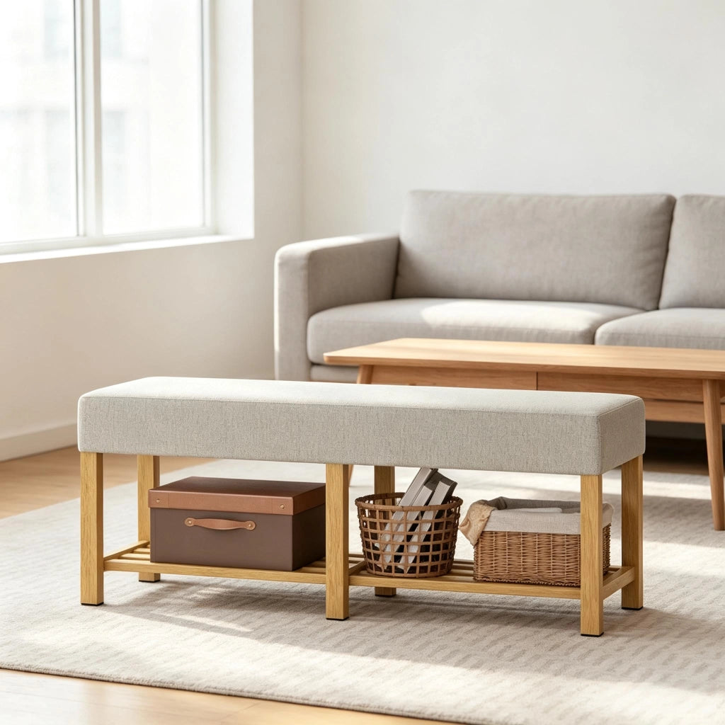 PANCA PORTASCARPE 120 x 44 x 48 cm Beige e Legno Naturale con vano aperto
